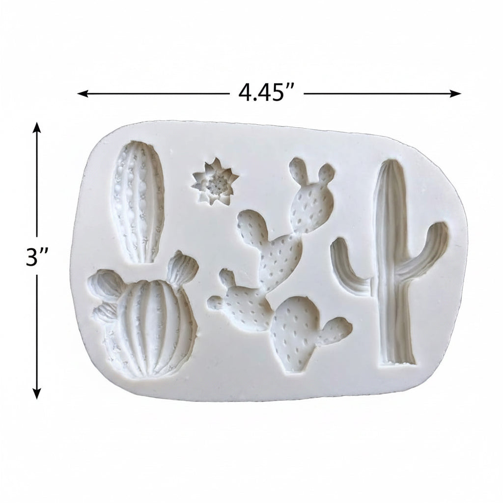 A white silicone mold featuring various cactus and succulent designs, including a tall saguaro, a barrel cactus, a prickly pear, a star-shaped cactus, and a branching cactus, shown on a plain white background.