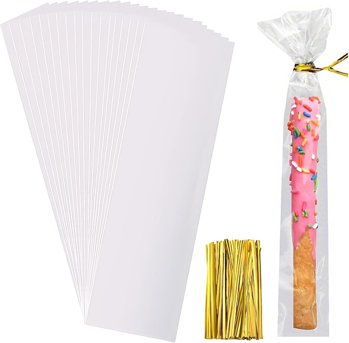Pretzel Rod Bags 2x10" With Gold Ties 100ct