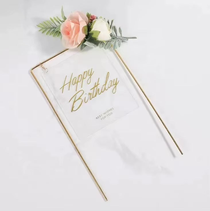 Cake Topper-Rectangle Gold/Clear Happy Birthday