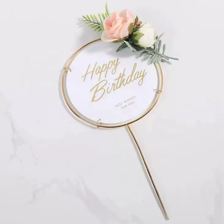 Cake Topper-Circle Gold/White Happy Birthday